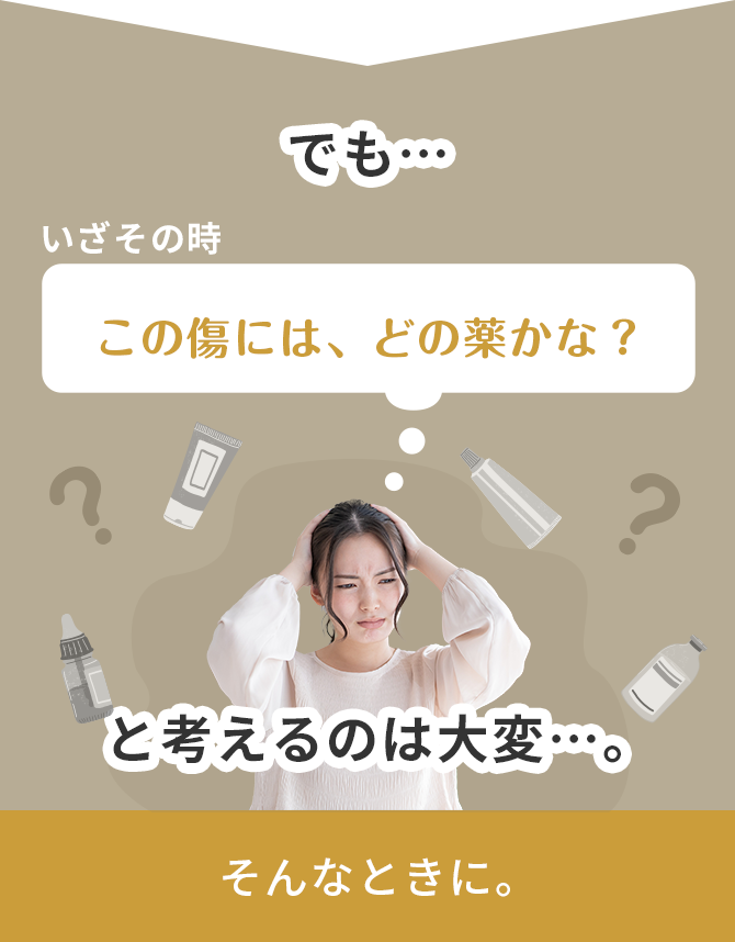 でも・・・いざその時 この傷には、どの薬かな？と考えるのは大変・・・。そんな時に。